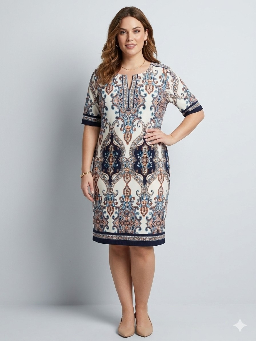 Sandra Darren Paisley Print Shift Dress Plus Size 20W Navy Cream Orange Mod